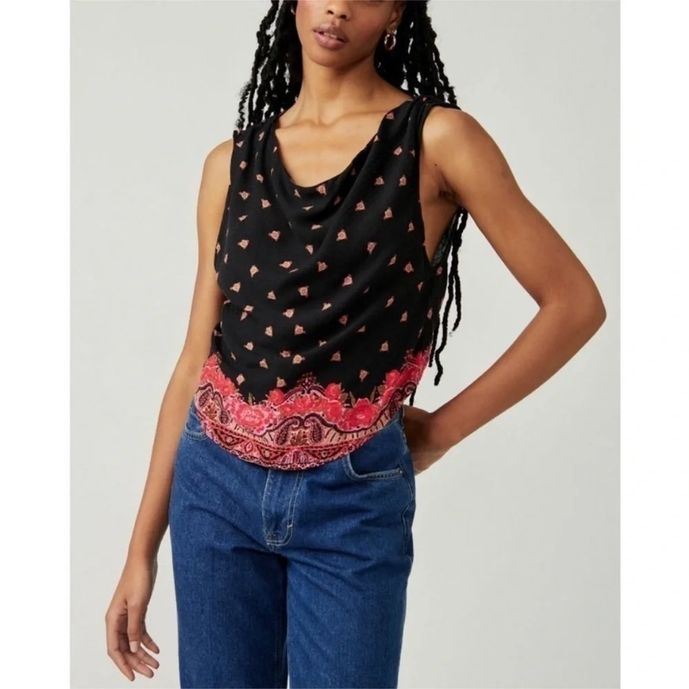 NWOT FREE PEOPLE Silas Printed Cowlneck Top / Black Combo